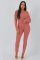 Pink Elastic Fly Long Sleeve Mid Solid pencil Pants Two-piece suit