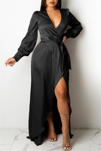Black Sexy Casual Solid Bandage V Neck Long Sleeve Dresses