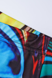 Blue Fashion Casual Print Bandage Turndown Collar Plus Size Two Pieces