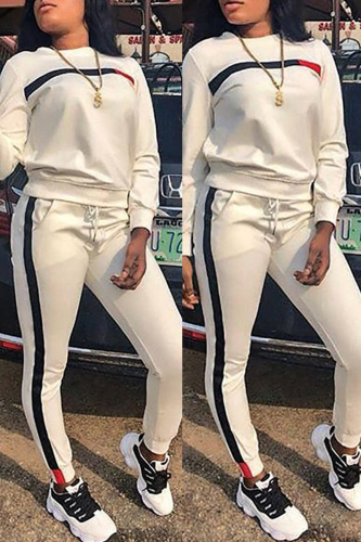 White Fashion Casual Print Basic O Neck Long Sleeve Two Pieces