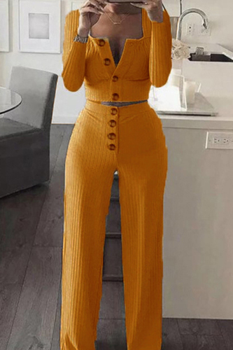 Yellow Fashion Casual Solid Patchwork O Neck Long Sleeve Two Pieces