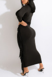 Black Casual Print Tassel Patchwork O Neck One Step Skirt Dresses(Without Belt)