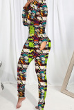 White Casual Print Patchwork Buttons V Neck Skinny Jumpsuits