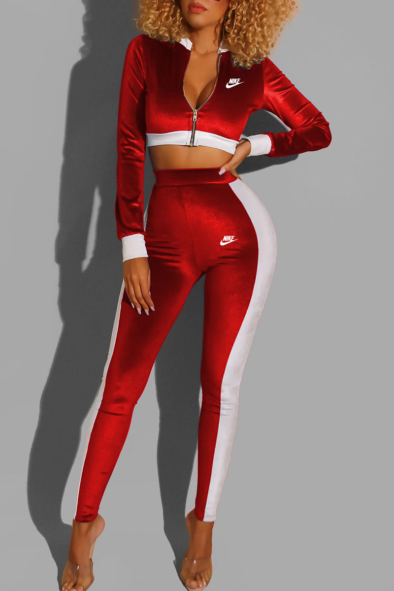 

Red Fashion Street Print Split Joint Long Sleeve Two Pieces