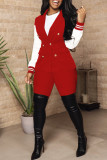 Red Fashion Casual Patchwork Cardigan Pants V Neck Long Sleeve Two Pieces