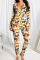 Light Yellow Casual Print Patchwork Buttons V Neck Skinny Jumpsuits