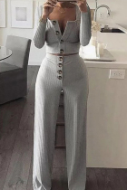 Grey Fashion Casual Solid Patchwork O Neck Long Sleeve Two Pieces