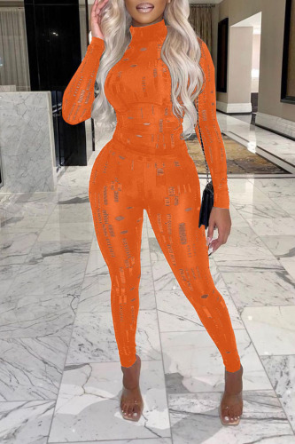 Tangerine Red Sexy Solid Hollowed Out Patchwork Half A Turtleneck Long Sleeve Two Pieces