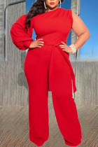 Red Sexy Solid Bandage Patchwork Asymmetrical Collar Plus Size Jumpsuits