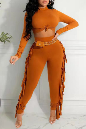 Orange Fashion Casual Solid Tassel Patchwork O Neck Long Sleeve Two Pieces