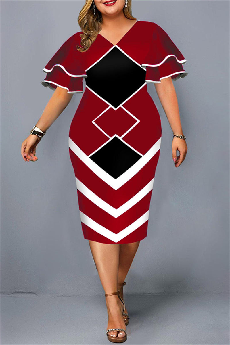 Red Fashion Casual Plus Size Print Basic V Neck Short Sleeve Dress_Plus ...