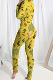 Yellow Casual Print Patchwork Buttons V Neck Skinny Jumpsuits
