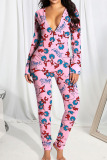 Black Casual Print Patchwork Buttons V Neck Skinny Jumpsuits