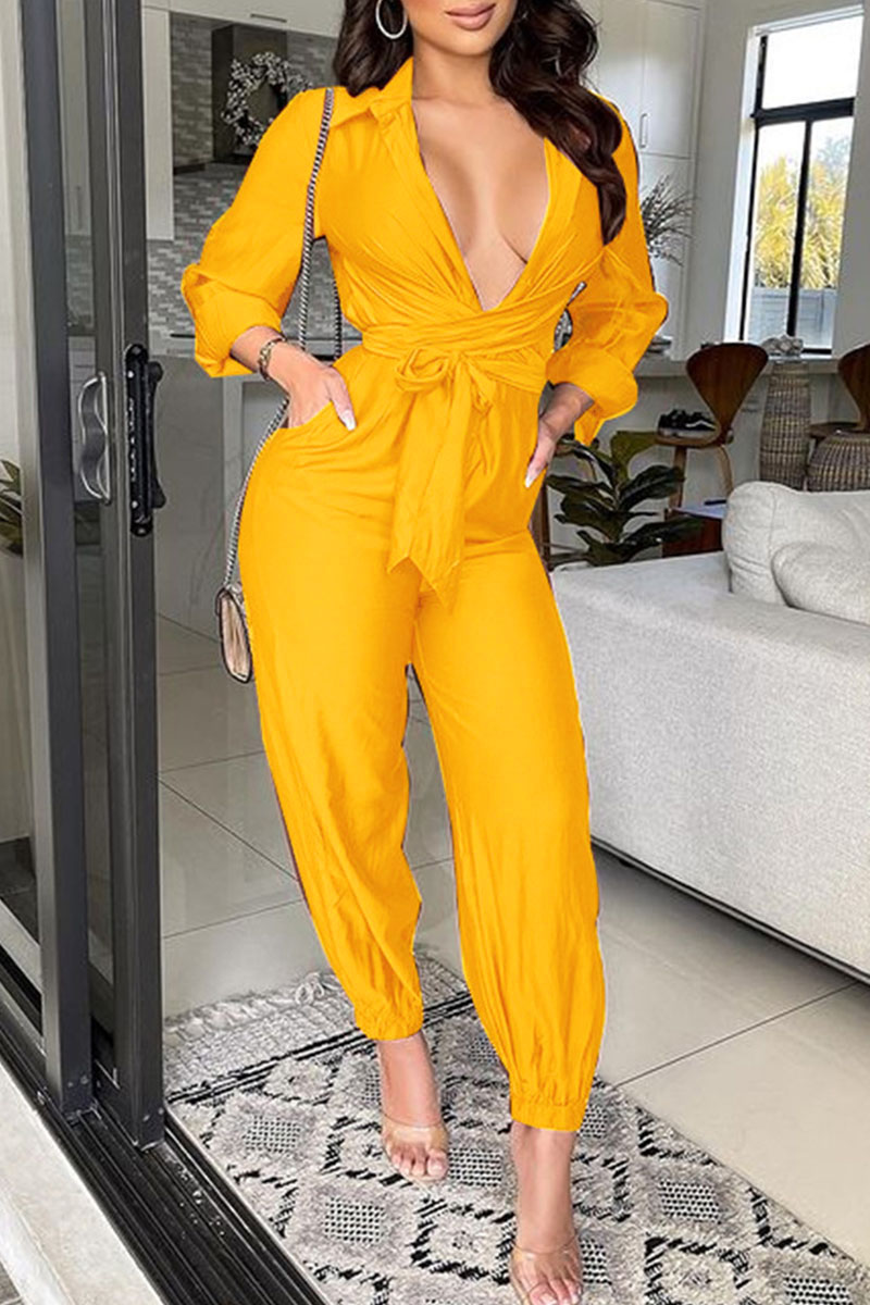 

Yellow Casual Solid Bandage Split Joint V Neck Straight Jumpsuits