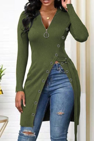 Army Green Fashion Casual Solid Split Joint V Neck Tops