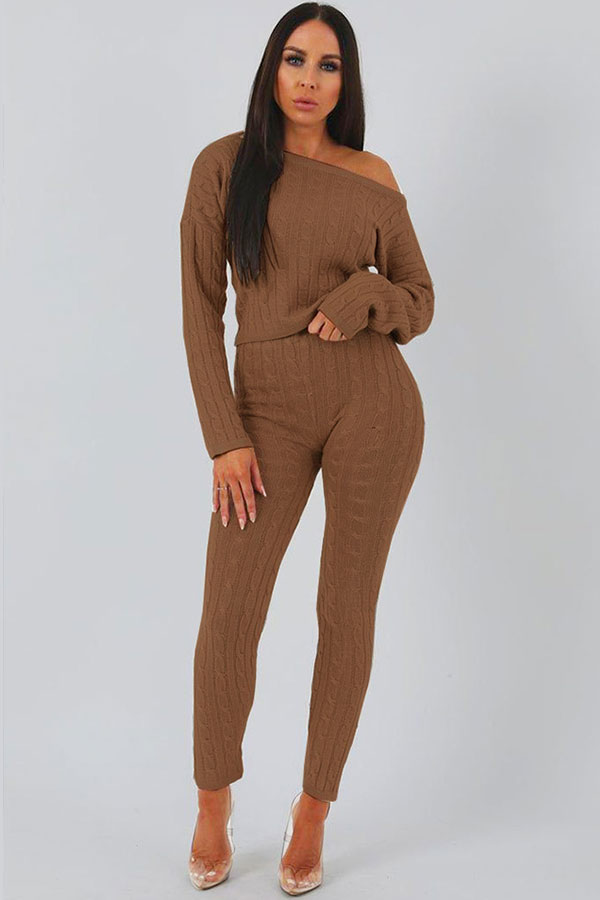 

Coffee Elastic Fly Long Sleeve Mid Solid pencil Pants Two-piece suit