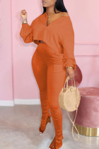 Tangerine Red Casual Solid Split Joint Slit Zipper Collar Long Sleeve Two Pieces