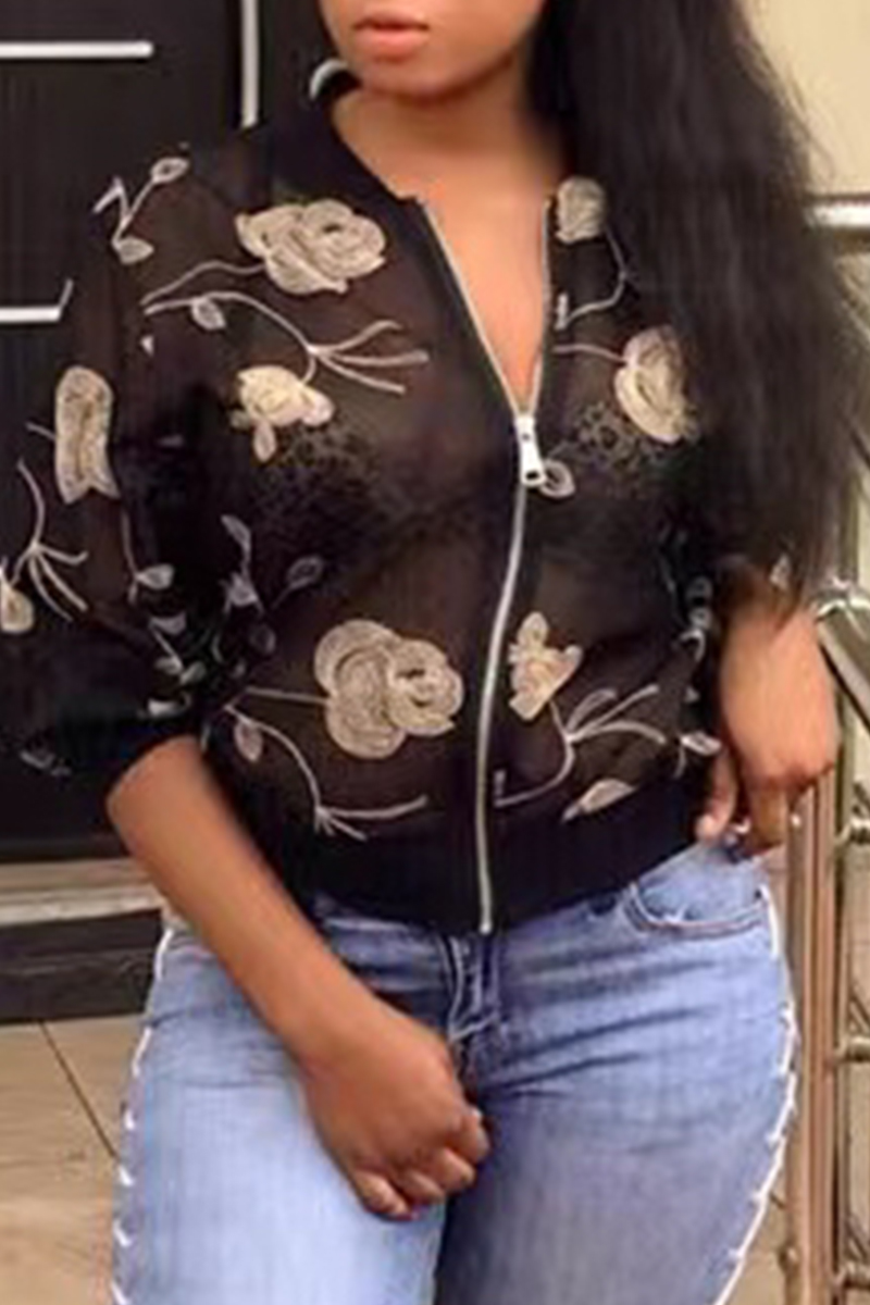 

Black Sexy Casual Embroidery See-through Zipper Collar Outerwear