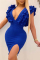 Blue Fashion Sexy Solid Backless Slit Stringy Selvedge V Neck Sleeveless Dress