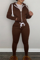 Dark Brown Fashion Casual Solid Zipper Hooded Collar Long Sleeve Two Pieces