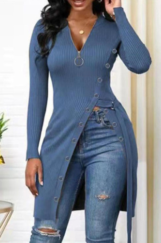 Light Blue Fashion Casual Solid Patchwork V Neck Tops