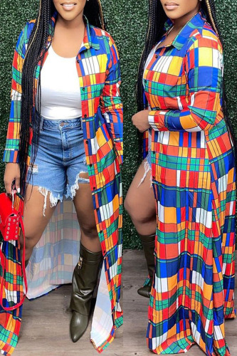 Colour Street Plaid Print Patchwork Buckle Turndown Collar Outerwear