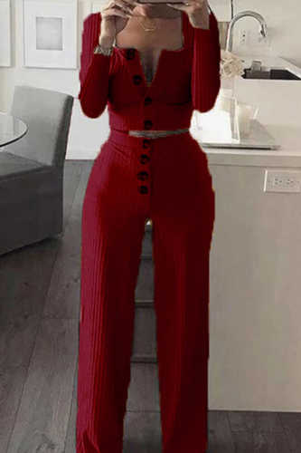Burgundy Fashion Casual Solid Patchwork O Neck Long Sleeve Two Pieces