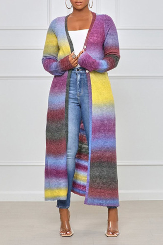Multicolor Casual Striped Print Patchwork Outerwear