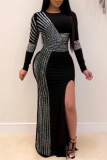 Gold Fashion Sexy Patchwork Hot Drilling Slit O Neck Long Sleeve Dresses