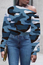 Blue Fashion Casual Camouflage Print Basic Oblique Collar Tops
