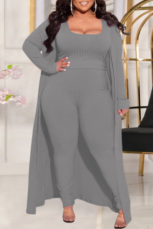 Grey Fashion Casual Solid Split Joint Square Collar Plus Size Three Pieces