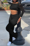 Black Sexy Solid Patchwork Off the Shoulder Long Sleeve Two Pieces