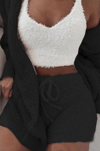 Black Casual Solid Patchwork Hooded Collar Long Sleeve Three Pieces