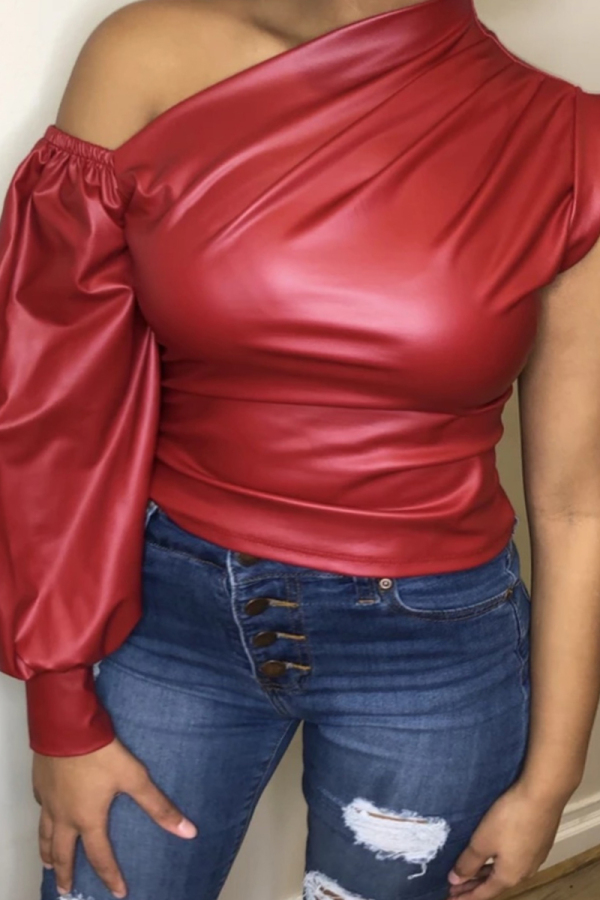 Red Fashion Casual Solid Asymmetrical Oblique Collar Plus Size Tops