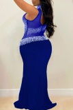 Blue Sexy Plus Size Hot Drilling Patchwork See-through Turtleneck Evening Dress