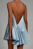 Light Blue Sexy Solid Patchwork Chains Asymmetrical Spaghetti Strap A Line Dresses