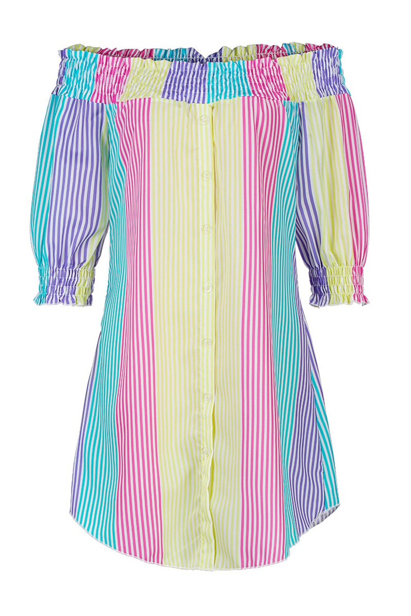 SHORT SLEEVE STRIPED BUTTON DOWN DRESS - PINK/GREEN STRIPED