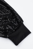 Black Elegant Solid Patchwork Sequins O Neck Long Sleeve Plus Size Dresses
