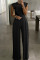 Black Casual Solid Split Joint O Neck Straight Jumpsuits