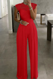 Red Casual Solid Patchwork O Neck Straight Jumpsuits