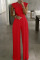 Red Casual Solid Split Joint O Neck Straight Jumpsuits
