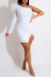 White Sexy Solid Sequins Patchwork Feathers Oblique Collar Dresses