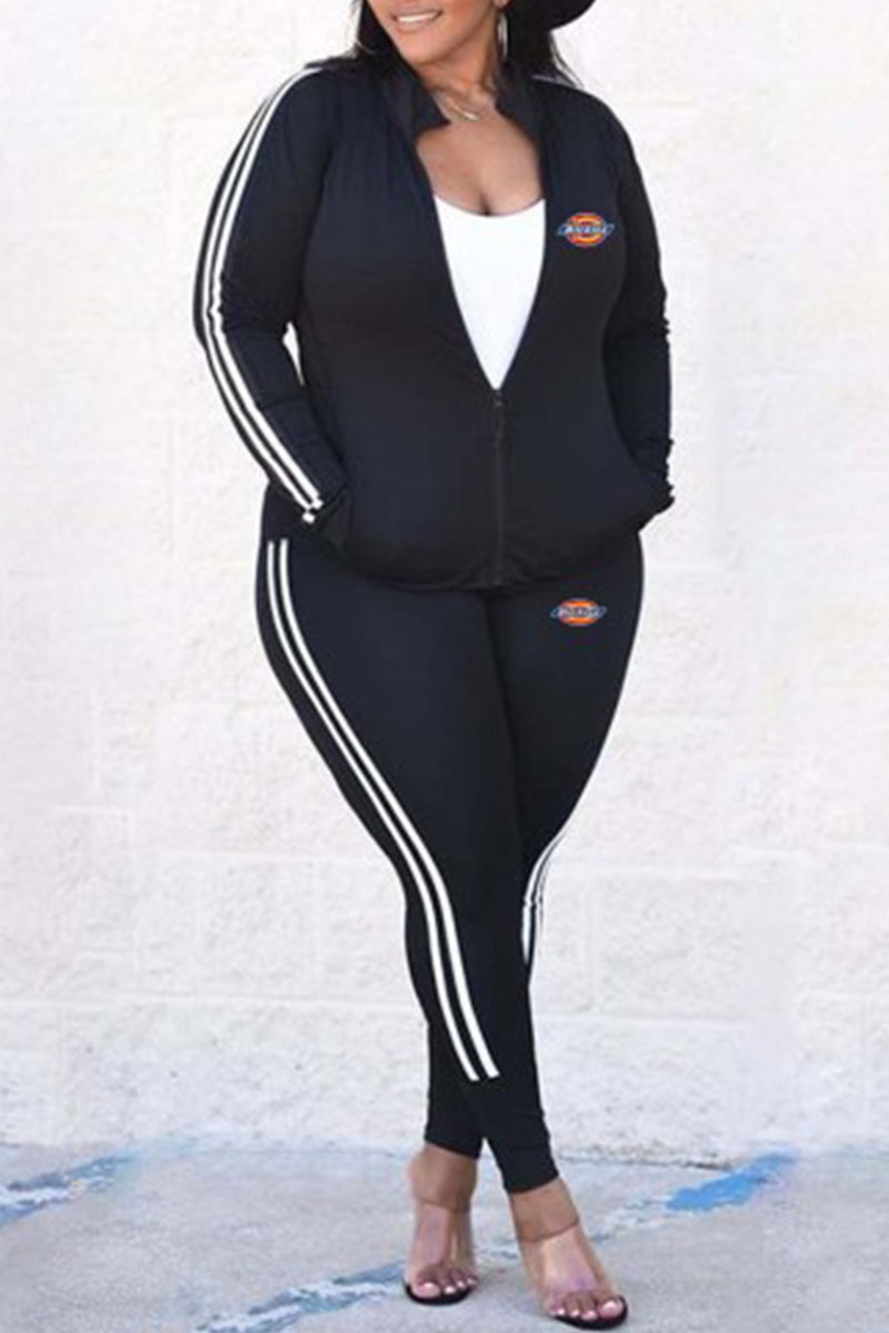 

Black Fashion Casual Print Split Joint Plus Size Two Pieces