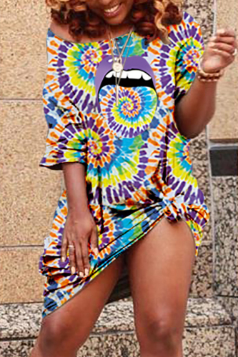 Purple Fashion Casual Printed Short Sleeve Dress