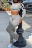 Grey Sexy Solid Patchwork Off the Shoulder Long Sleeve Two Pieces