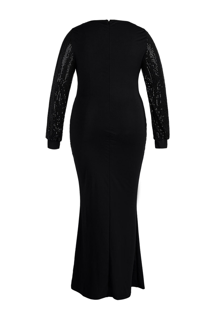 Wholesale Black Elegant Solid Patchwork Sequins O Neck Long Sleeve Plus Size Dresses K35664 1 Online