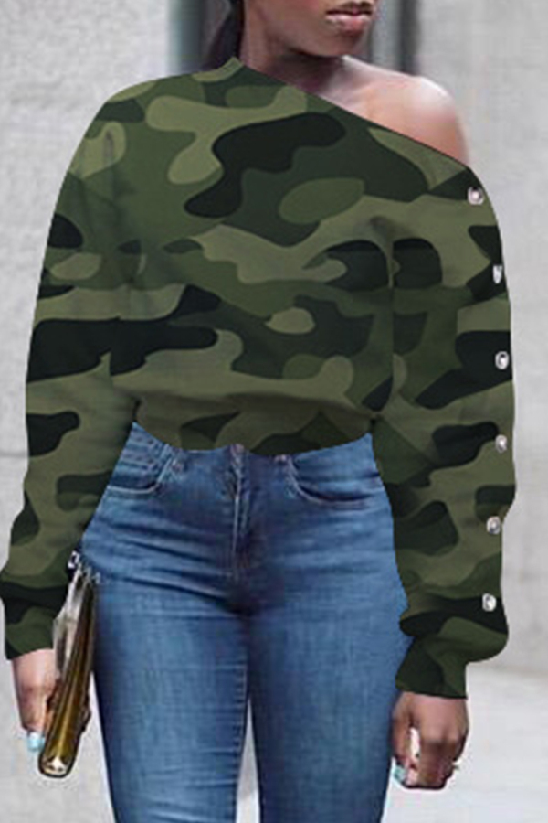 Green Fashion Casual Camouflage Print Basic Oblique Collar Tops