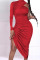 Red Sexy Solid Patchwork Draw String Fold Asymmetrical O Neck Dresses