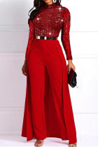 Red Sexy Solid Sequins Split Joint O Neck Straight Jumpsuits