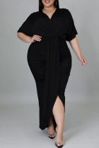 Black Sexy Solid Split Joint Asymmetrical V Neck Straight Plus Size Dresses